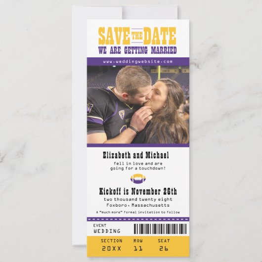 Paarse bruiloft Save the Date Football Ticket (Voorkant)