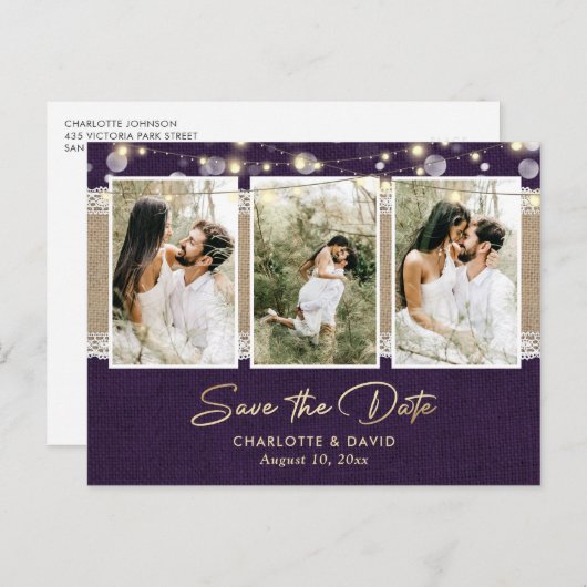 Paarse bruiloft sparen de datum Foto Briefkaarten (Voorkant / Achterkant)
