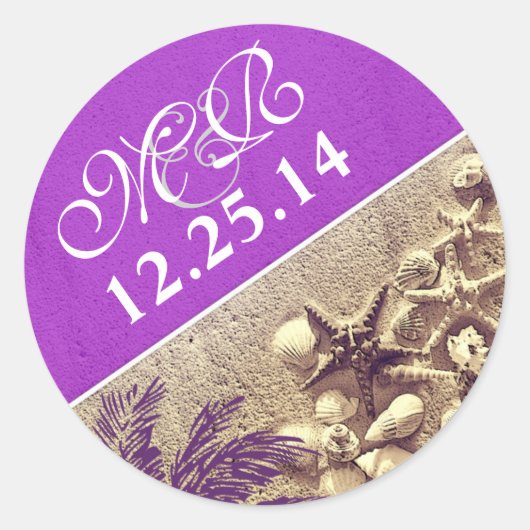 paarse bruiloft sticker met palm zeeschelp monogra (Voorkant)