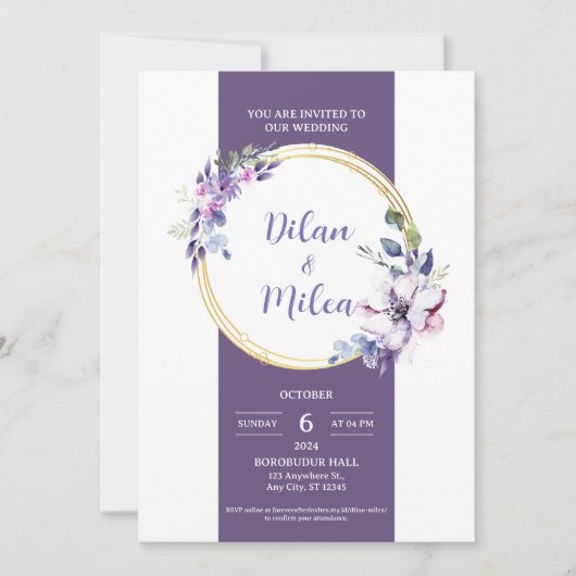 Paarse bruiloft uitnodiging Kaart (Voorkant)