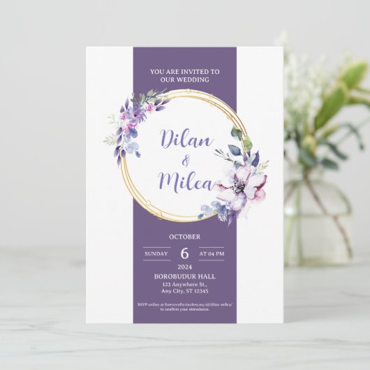 Paarse bruiloft uitnodiging Kaart (Staand voorkant)