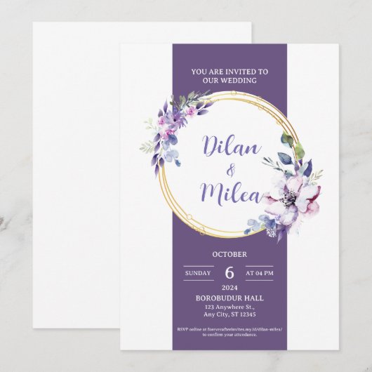 Paarse bruiloft uitnodiging Kaart (Voorkant / Achterkant)