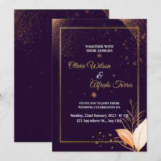 paarse bruiloft uitnodiging met gouden kleuren