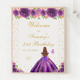 Paarse bruin haar meisje verjaardagsfeestje welkom poster