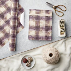 Paarse Bruine Crème Strepen Verjaardag Cadeaupapier