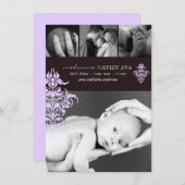 Paarse & Bruine Damask Geboorteaankondiging Aankondiging (Voorkant / Achterkant)