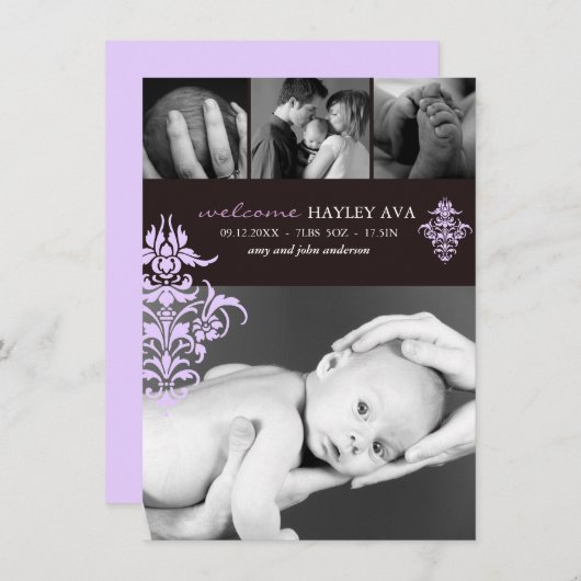 Paarse & Bruine Damask Geboorteaankondiging Aankondiging (Voorkant / Achterkant)