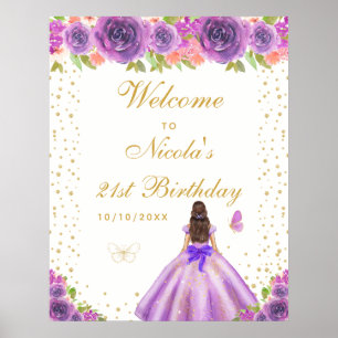 Paarse Bruine Haar Meisje Verjaardagsfeest Verwelk Poster