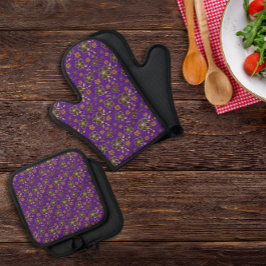 Paarse bruine natuurbloem ovenwant & pannenlap set