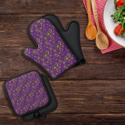 Paarse bruine natuurbloem ovenwant & pannenlap set