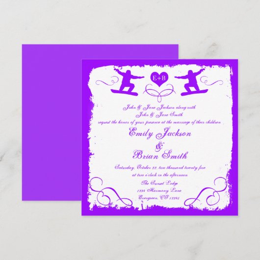 Paarse bruine sneeuwboarder huwelijksuitnodiging kaart (Voorkant / Achterkant)