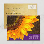 Paarse & Bruine Zonnebloem Huwelijk Save the Dates Aankondigingskaart (Voorkant / Achterkant)