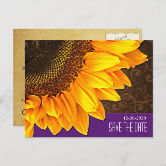 Paarse & Bruine Zonnebloem Huwelijk Save the Dates Aankondigingskaart (Voorkant / Achterkant)