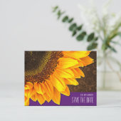 Paarse & Bruine Zonnebloem Huwelijk Save the Dates Aankondigingskaart (Staand voorkant)