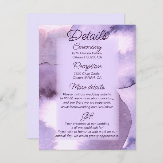 Paarse bruinkoollavenbruiloft informatiekaartje (Voorkant / Achterkant)