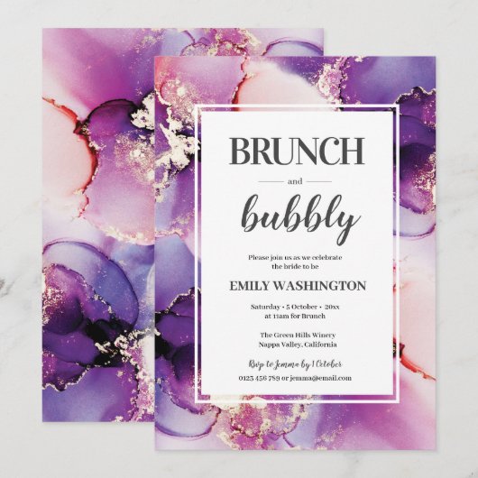 Paarse brunch & bubbelige bruidsdouche uitnodiging (Voorkant / Achterkant)
