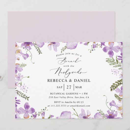 Paarse Brunch Met Pasgetrouwde Huwelijksuitnodigin Kaart (Voorkant / Achterkant)