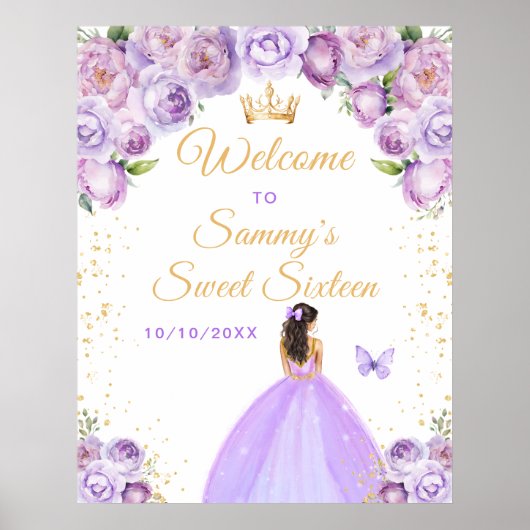 Paarse Brunette Princess Sweet Sixteen Welkom Poster (Voorkant)