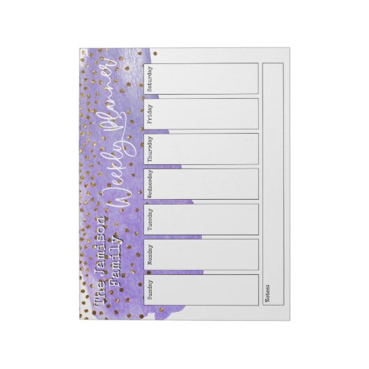 Paarse Brushstroke Gold Confetti Weekplanner Notitieblok (Linkerzijde)