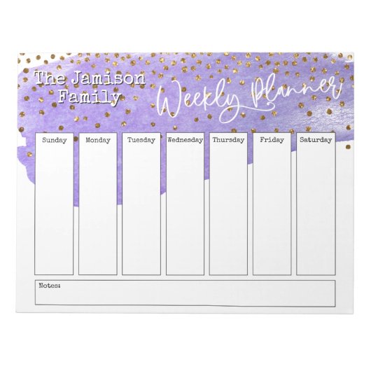 Paarse Brushstroke Gold Confetti Weekplanner Notitieblok (Voorkant)