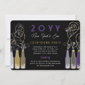 Paarse bubbelflesjes wervelt oudejaarsfeest kaart (Voorkant)