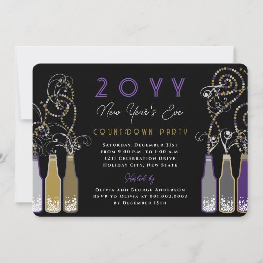 Paarse bubbelflesjes wervelt oudejaarsfeest kaart (Voorkant)