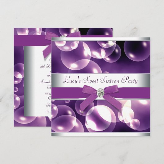 Paarse Bubbels Paarse Sweet 16 Verjaardagsfeest Kaart (Voorkant / Achterkant)