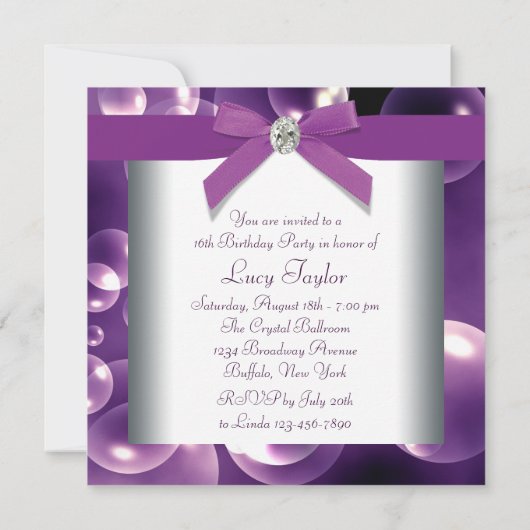 Paarse Bubbels Paarse Sweet 16 Verjaardagsfeest Kaart (Achterkant)