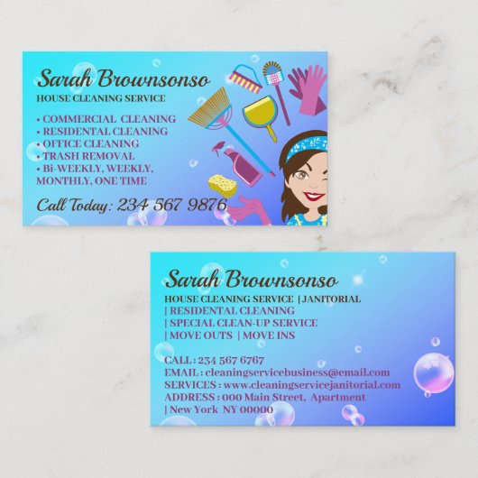 Paarse Bubble Janitorial House schoonmaakservice Visitekaartje (Voorkant / Achterkant)