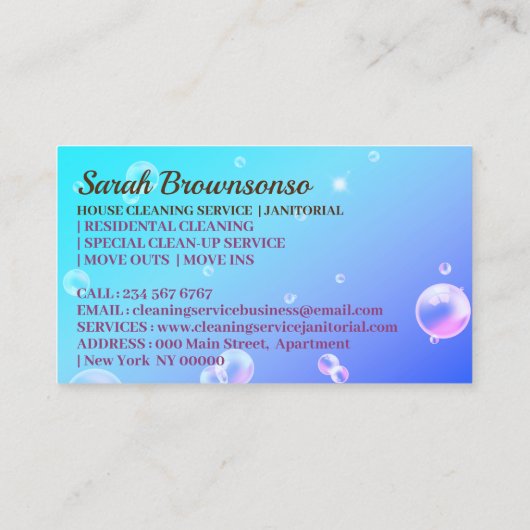 Paarse Bubble Janitorial House schoonmaakservice Visitekaartje (Achterkant)