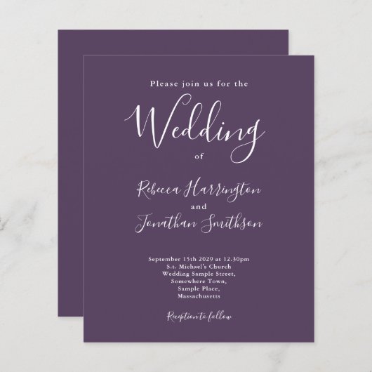 Paarse Budget Moderne Manuscript Wedding Uitnodigi (Voorkant / Achterkant)