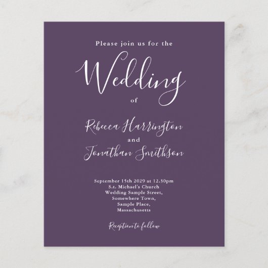 Paarse Budget Moderne Manuscript Wedding Uitnodigi (Voorkant)