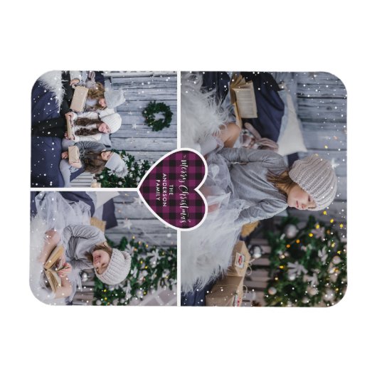 Paarse Buffalo Plaid Hart Foto Vrolijk Kerstfeest Magneet (Horizontaal)