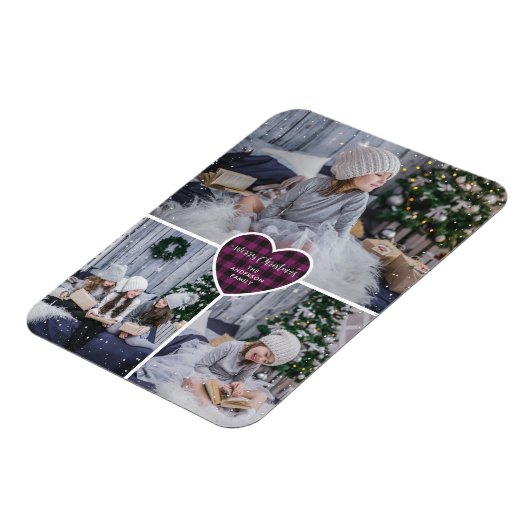 Paarse Buffalo Plaid Hart Foto Vrolijk Kerstfeest Magneet (Linkerzijde)