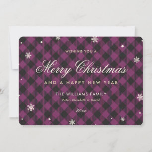 Paarse Buffalo Plaid Snowflake Feestdagenkaart