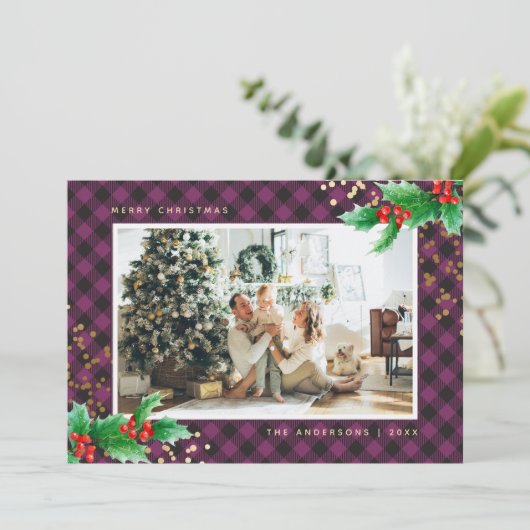 Paarse Buffalo Pset Holly-fotokerstkaarten Feestdagenkaart (Staand voorkant)