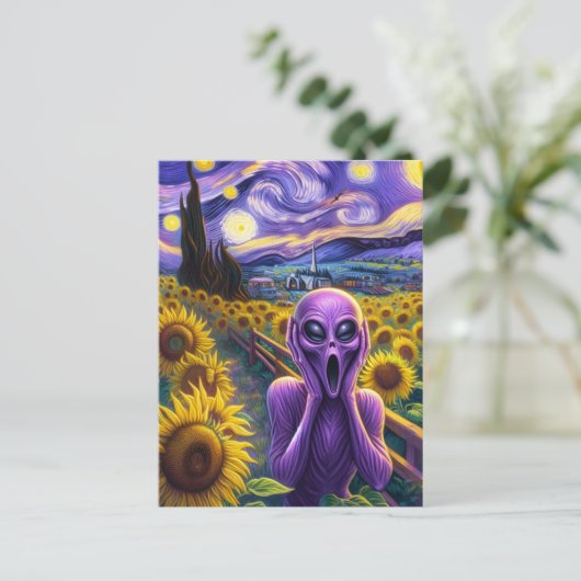 Paarse buitenaardse schreeuwende zonnebloemen Faux Briefkaart (Staand voorkant)