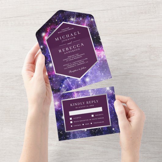 Paarse buitenste ruimtevaart all in one uitnodiging (Afscheurbaar)