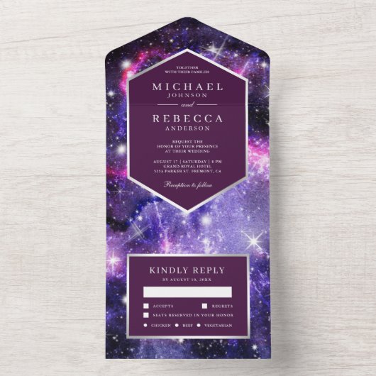 Paarse buitenste ruimtevaart all in one uitnodiging (Binnen)