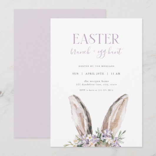 Paarse Bunny Easter Brunch & Egg Hunt Uitnodiging (Voorkant / Achterkant)