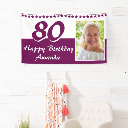 Paarse Bunting Star Foto 80th Birthday Party Spandoek (Insitu)