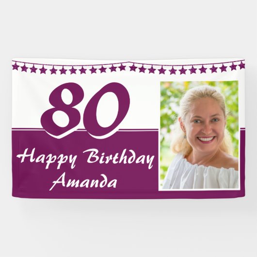Paarse Bunting Star Foto 80th Birthday Party Spandoek (Horizontaal)