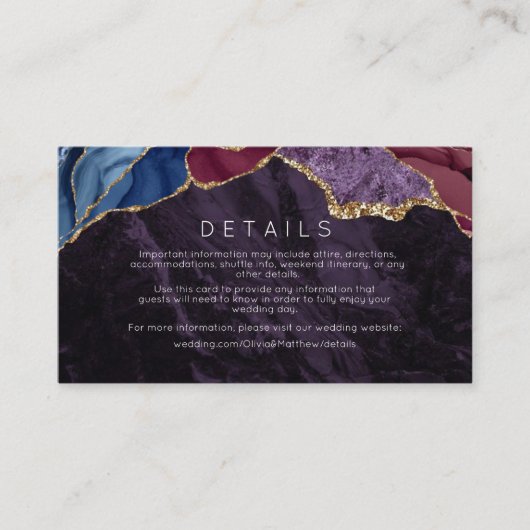 Paarse Burgundy Agate & Gouden Trouw Details Kaart (Voorkant)