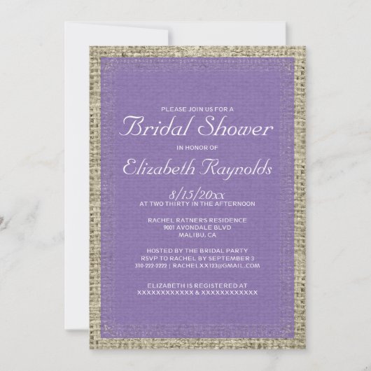 Paarse Burlap Bridal Shower-uitvindingen Kaart (Voorkant)