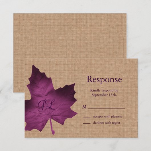 Paarse Burlap Monogrammed RSVP Kaartje (Voorkant / Achterkant)