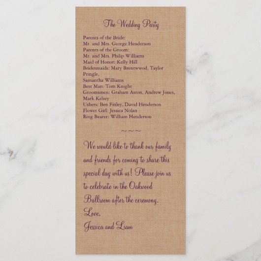 Paarse Burlap Monogrammed Wedding Programma Programmakaart (Achterkant)