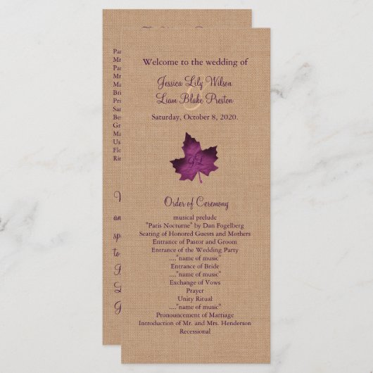 Paarse Burlap Monogrammed Wedding Programma Programmakaart (Voorkant / Achterkant)