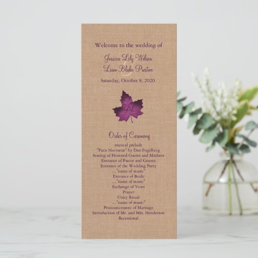 Paarse Burlap Monogrammed Wedding Programma Programmakaart (Staand voorkant)