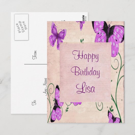 Paarse Butterflies Briefkaart (Voorkant / Achterkant)
