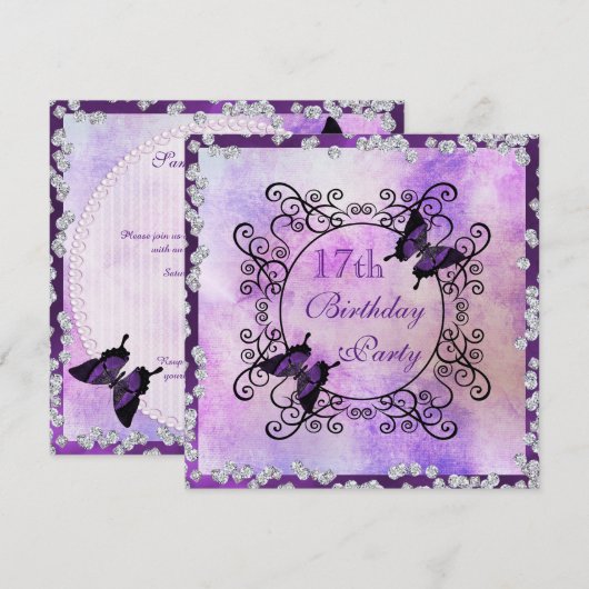 Paarse Butterflies & Diamonds 17e verjaardag Kaart (Voorkant / Achterkant)